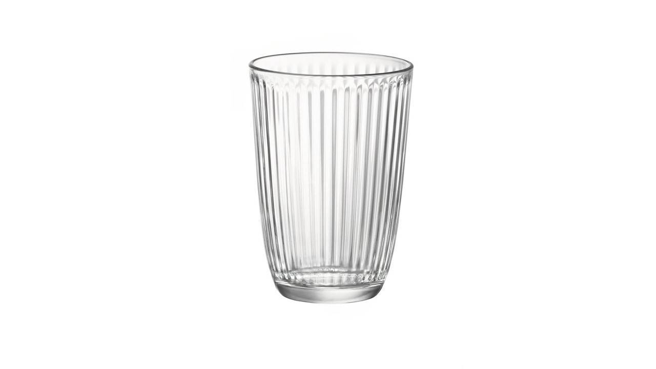 סט של 6 כוסות זכוכית פסים 390 מ"ל מבית Fine Lab Home מוצגות על רקע לבן.