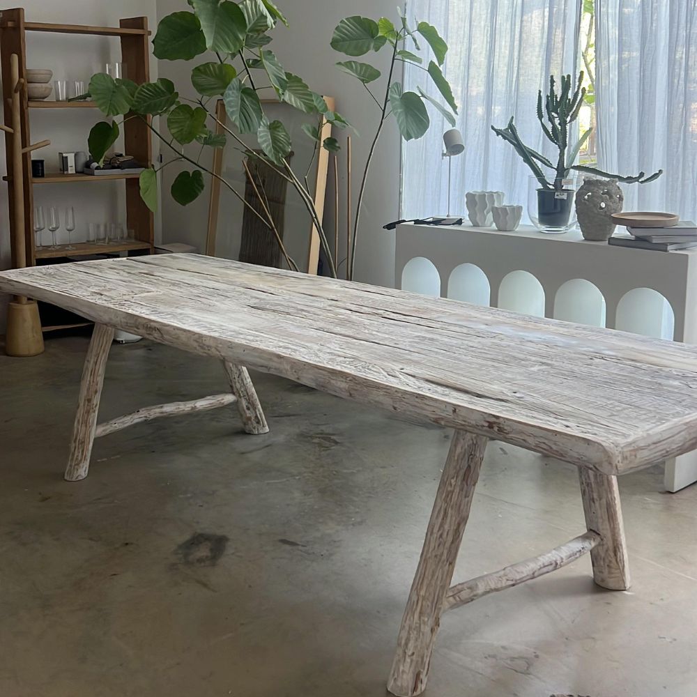 שולחן אוכל מעץ בגימור Whitewash של Fine Lab Home, זמין בשני גדלים, ממוקם בחדר מודרני מואר עם צמחי נוי ומדפים ברקע.