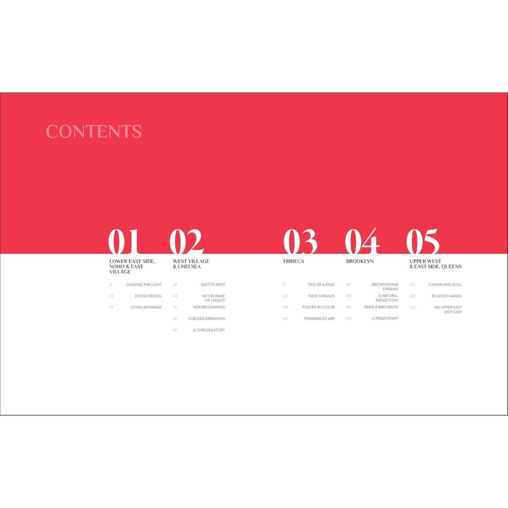 תוכן עניינים עם חמישה פרקים: לואר איסט סייד/גריניץ' וילג', ווסט וילג'/צ'לסי, טרייבקה, ברוקלין, ואפר איסט סייד/איסט סייד, קווינס — מושלם לעיצוב פנים ניו יורק. מופיע בספר העיצוב New York Interiors של Fine Lab Home.