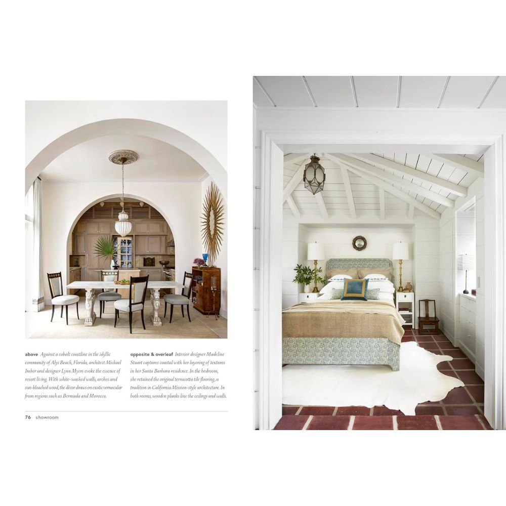 משמאל: חדר אוכל אלגנטי עם כניסה מקושתת ומדפים מובנים. מימין: חדר שינה מואר עם ספר עיצוב חופי של Fine Lab Home, המוסיף נגיעות עדינות של עיצוב חופי (עיצוב פנים חופי) בכל רחבי החדר.