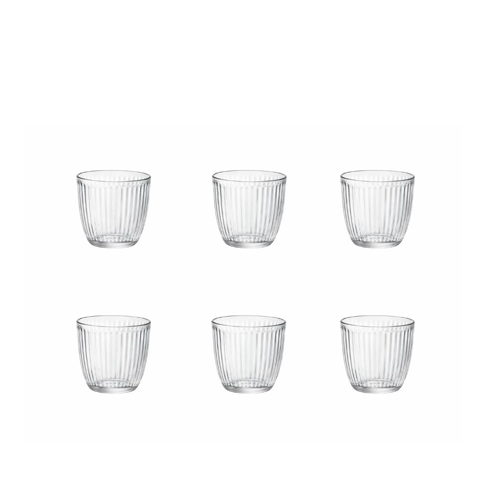 Fine Lab Home כוס זכוכית פסים - 290 מ"ל (סט של 6 יחידות), מסודרות בשתי שורות של שלוש כוסות כל אחת, על גבי רקע לבן.