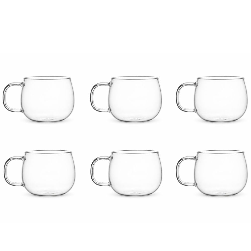 שישה ספלי מאג זכוכית עם ידית בנפח 410 מ"ל (סט של 6 יחידות) מבית Fine Lab Home מסודרים בשתי שורות על רקע לבן—מושלם לשתייה חמה או קרה.