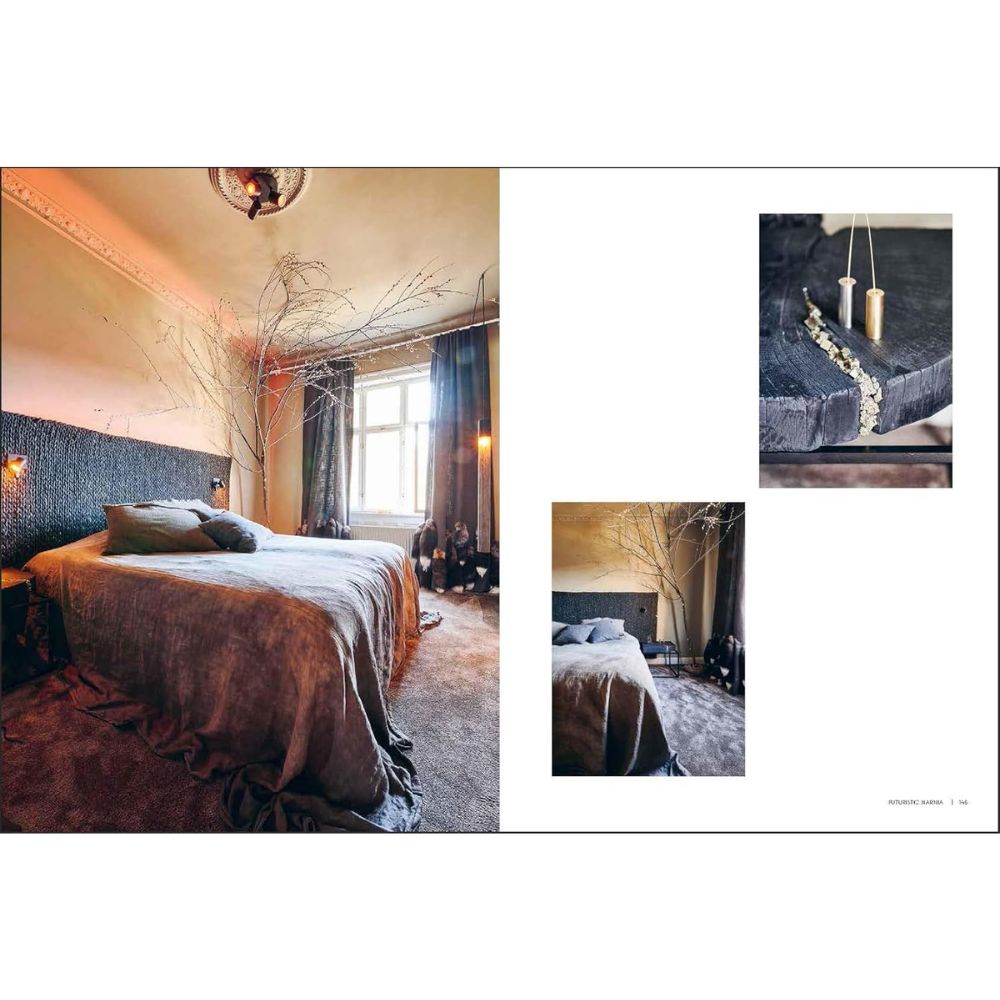 חדר שינה מודרני עם מיטה גדולה, ראש מיטה כהה ומרקם, מצעים אפורים ועיצוב מינימליסטי בצבעים נורדיים, בהשראת ספר העיצוב nordic colours של Fine Lab Home. כולל תמונות תקריב של אביזרים וחומרים לרעיונות לעיצוב סקנדינבי.