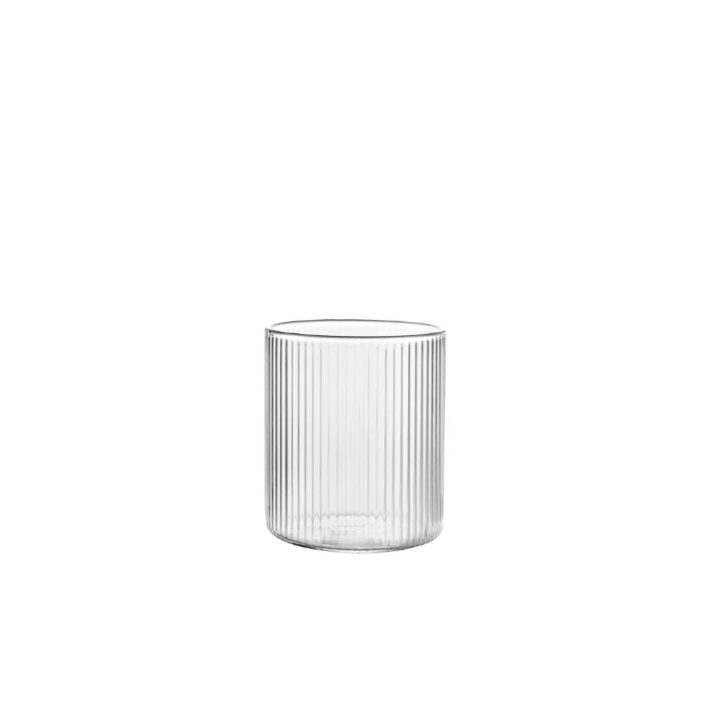 סט של 6 כוסות זכוכית מפוספסות של Fine Lab Home - 300 מ"ל, כוסות גליליות שקופות עם מרקם מחורץ אנכי, המוצגות על רקע לבן חלק.