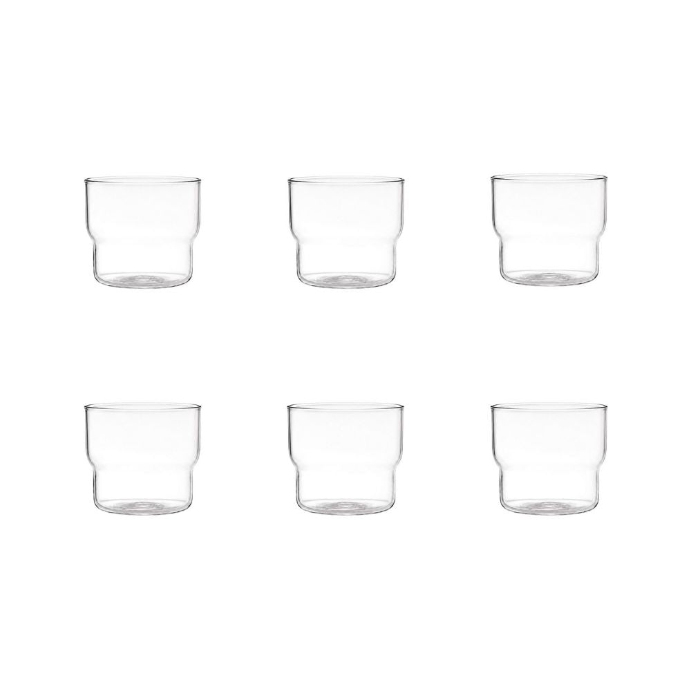 שש כוסות זכוכית זהות של Fine Lab Home למשקאות קרים (סט של 6 יחידות, 300/380 מ"ל) מסודרות בשתי שורות של שלוש על רקע לבן חלק; כל כוס מעוצבת באופן מושלם למשקאות קרים.