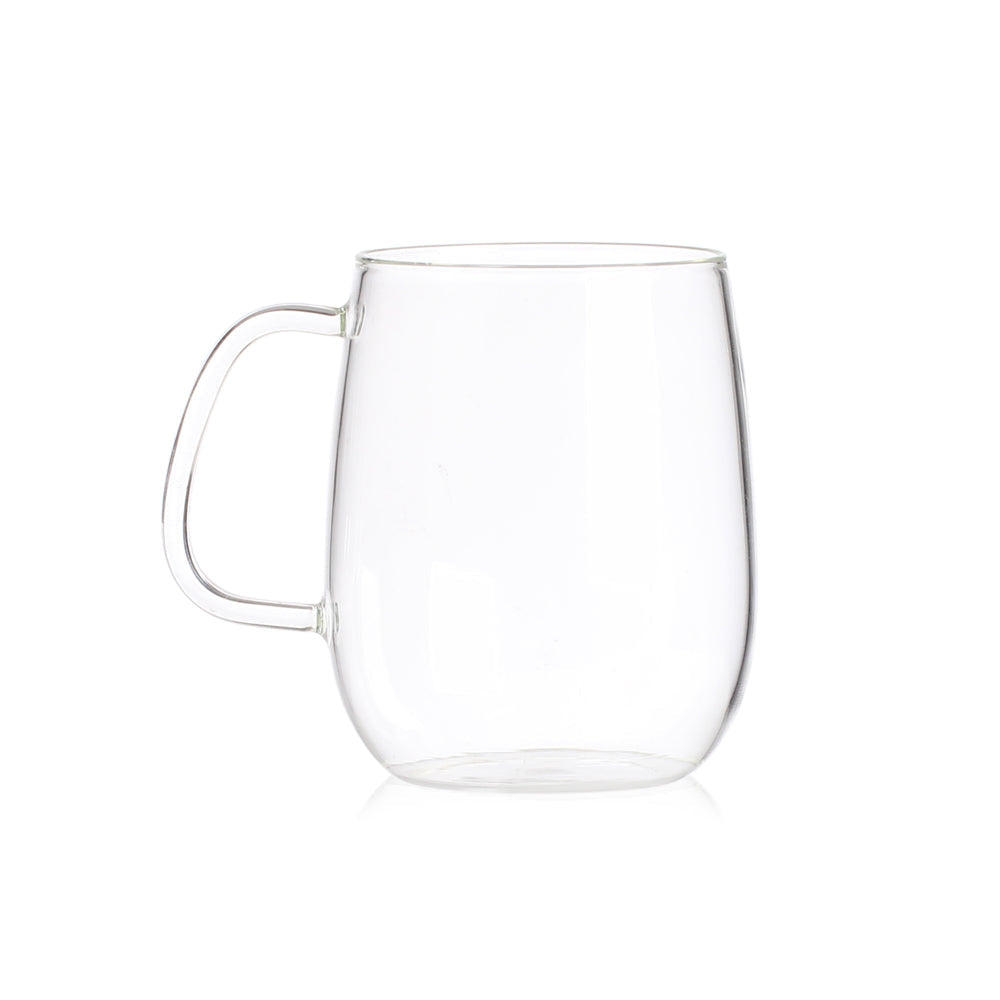 סט של 6 ספלי זכוכית שקופים עם ידיות (550 מ"ל) מבית Fine Lab Home, מוצגים על רקע לבן — אידיאליים למשקאות כחלק מספלי זכוכית מבודדים.