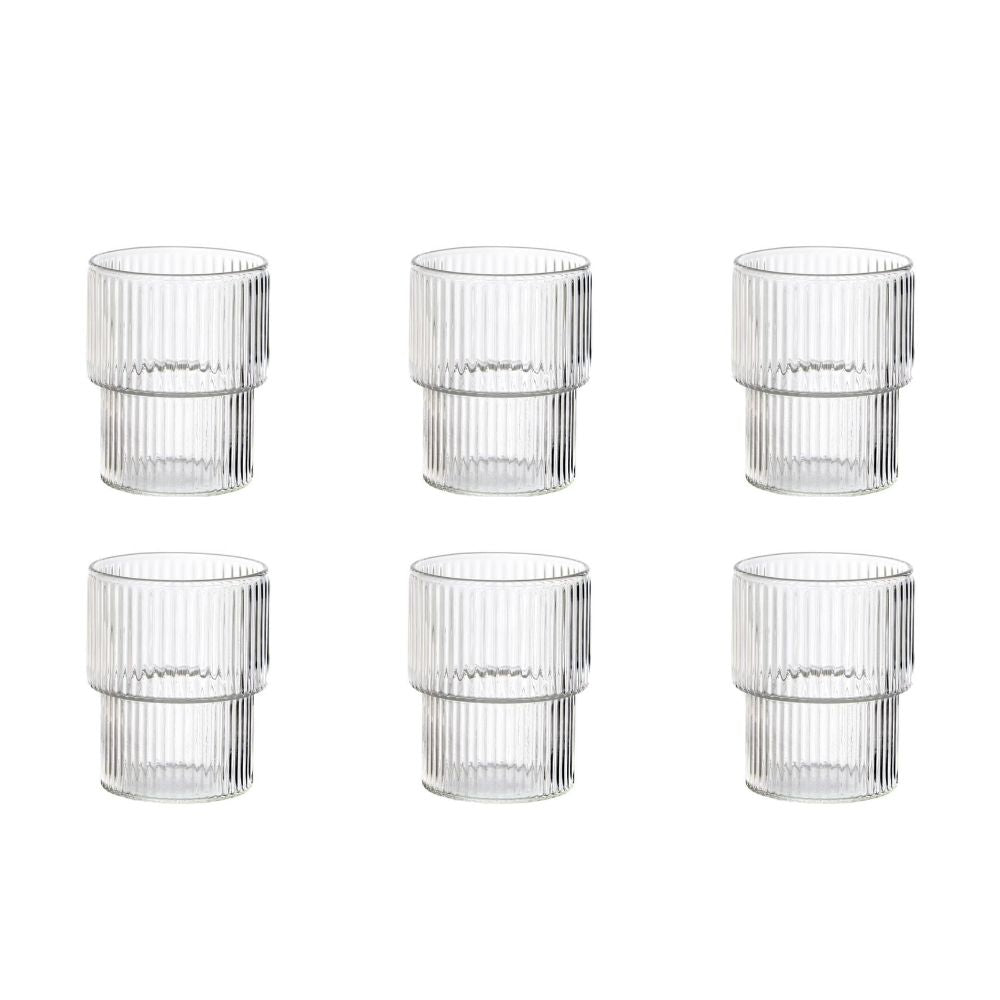 סט כוסות זכוכית מפוספסות של Fine Lab Home – 6 יחידות (315 מ"ל), מסודרות בשתי שורות על רקע לבן.