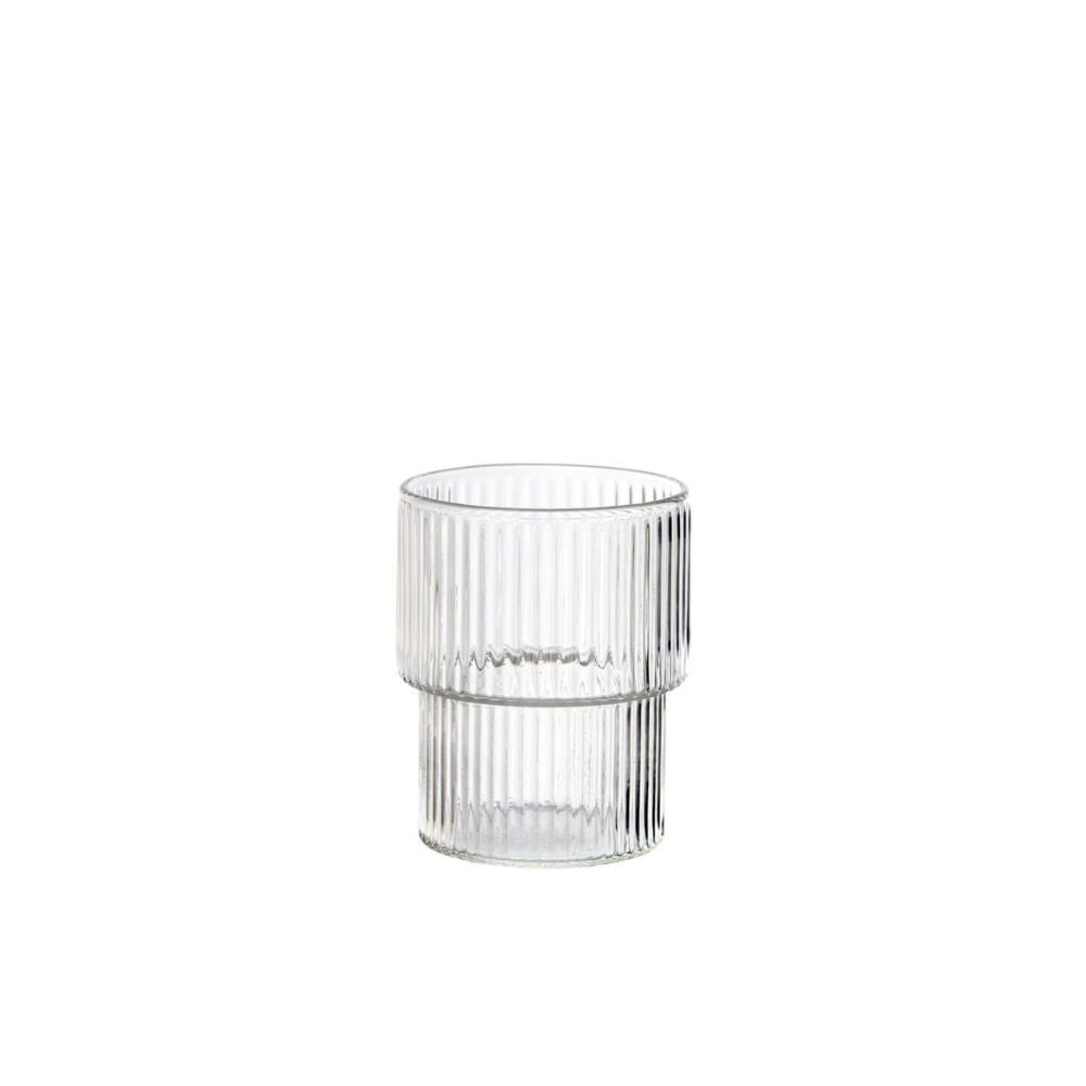 סט של 6 כוסות זכוכית מפוספסות של Fine Lab Home (315 מ"ל) עם מרקם אנכי, מושלמות ככוסות שתייה, מוצגות על רקע לבן.