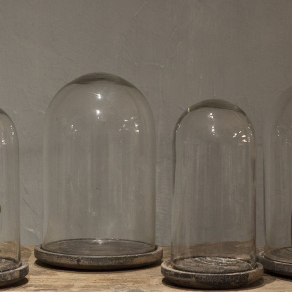 שלושה פעמוני זכוכית על צלחת עץ מבית Fine Lab Home מוצגים על משטח עץ על רקע קיר חלק ובהיר.