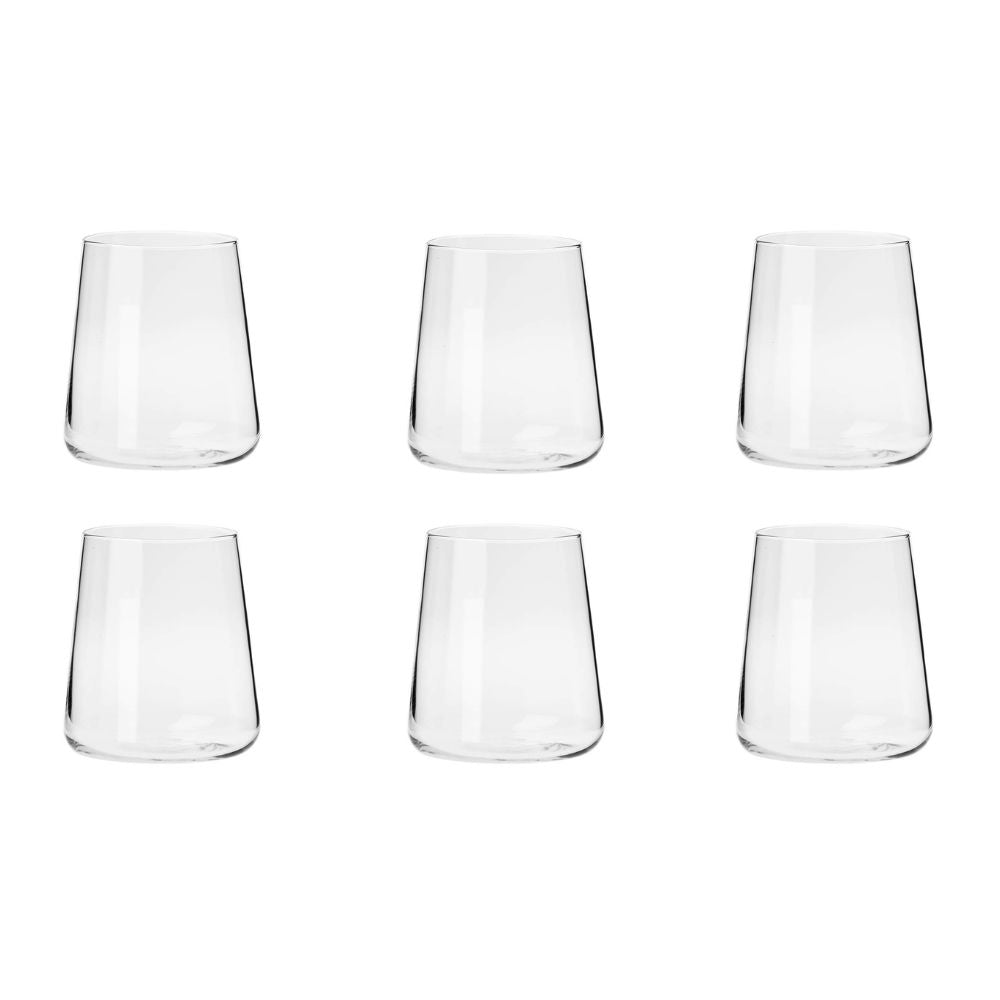 שש כוסות זכוכית דקיקות וקוניות של Fine Lab Home - 380 מ"ל מסודרות בשתי שורות של שלוש על רקע לבן, כאשר לכל כוס צללית פשוטה אך אלגנטית. סט זה כולל שש כוסות ללא רגל.