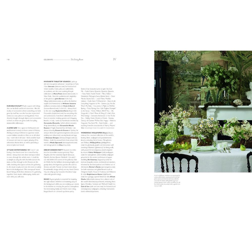 מגזין עם טקסט בצד שמאל ותמונה של ספר העיצוב של Fine Lab Home ברגעים בבית על שולחן האוכל של סטיב קורדוני בין סידורי פרחים - השראה מושלמת לבית ולחובבי עיצוב הבית.