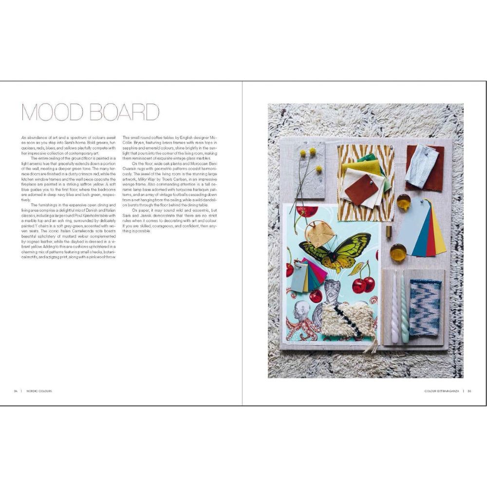 ספר העיצוב nordic colours מבית Fine Lab Home פתוח על עמוד MOOD BOARD, עם טקסט משמאל וקולאז' חומרים ואובייקטים בצבעים נורדיים מימין—השראה לבית בעיצוב סקנדינבי.