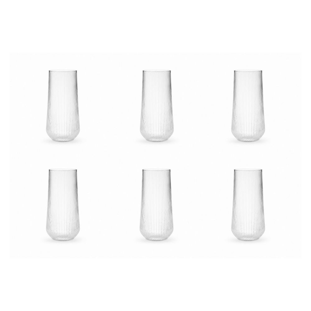 סט של שישה כוסות “Fine Lab Home” לשתייה קרה מזכוכית מפוספסת - 510 מ“ל, מסודרות בשתי שורות מסודרות של שלוש כוסות על רקע לבן חלק; כל כוס עשויה זכוכית שקופה ומחוספסת, והיא אידיאלית להגשת המשקאות הקרים האהובים עליכם.