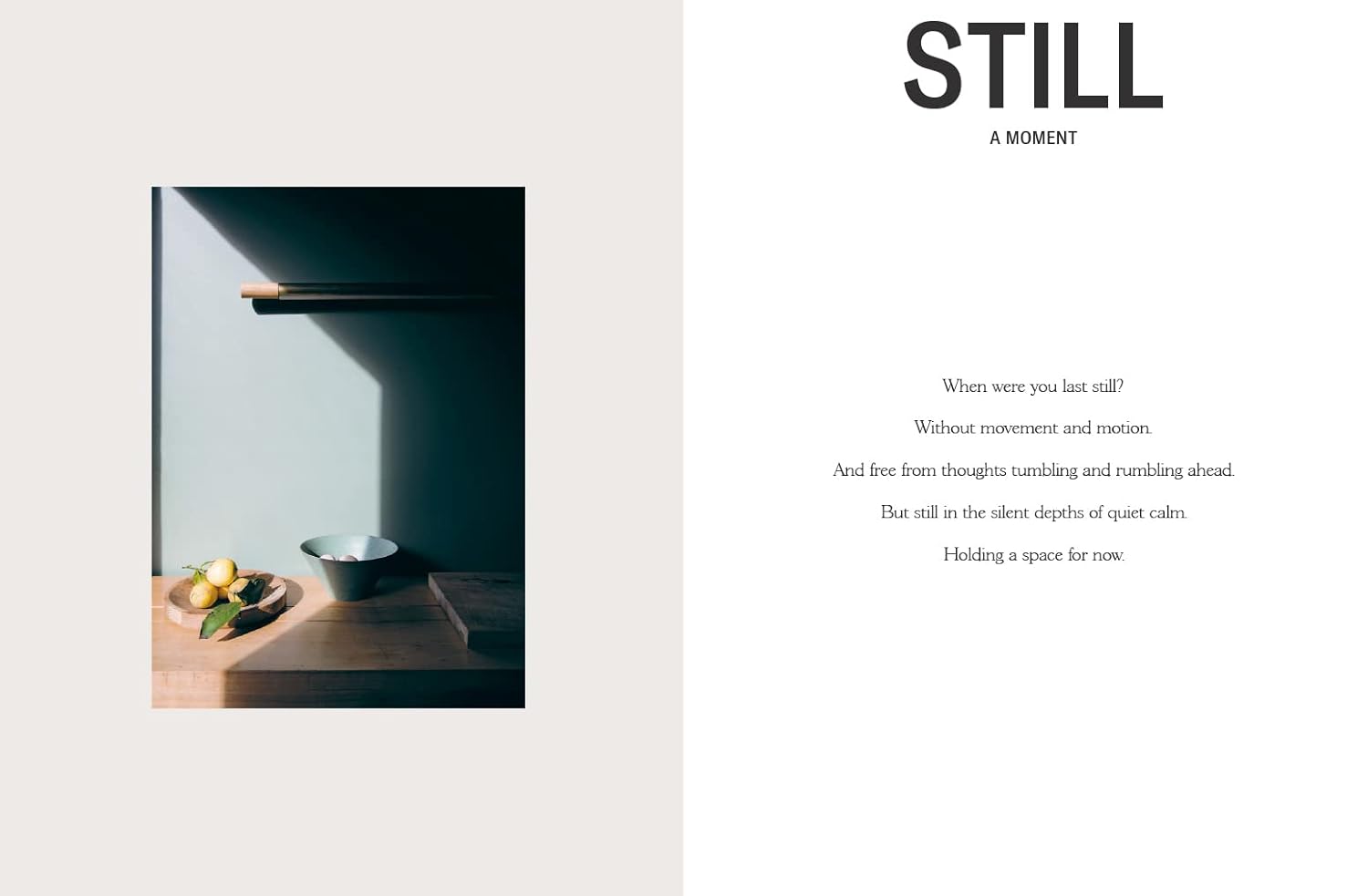 כריכת הספר "ספר עיצוב still the slow home" מאת Fine Lab Home, המציגה חדר כפרי עם קירות אבן, חלונות גדולים, תנור שחור וריהוט עץ מינימליסטי — דוגמה מעוררת השראה לעיצוב איטי ולחיים שלווים.