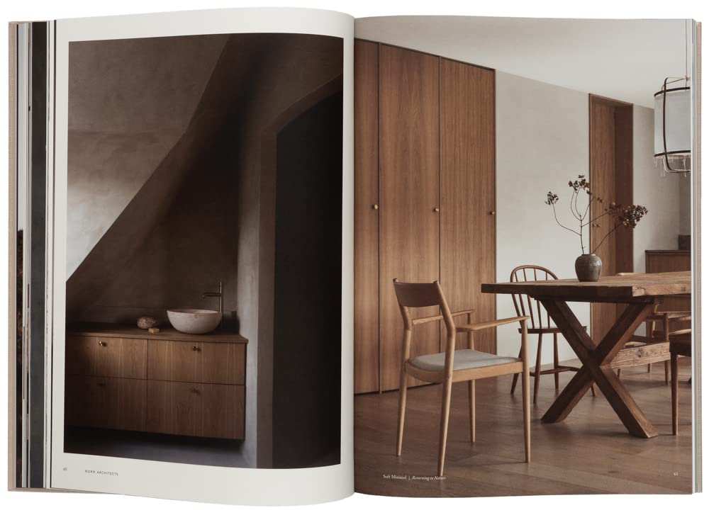 במגזין Fine Lab Home's ספר עיצוב soft minimal מוצג חדר אמבטיה נעים עם ארונות עץ משמאל ופינת אוכל בהשראה סקנדינבית עם צמחים מיובשים מימין.