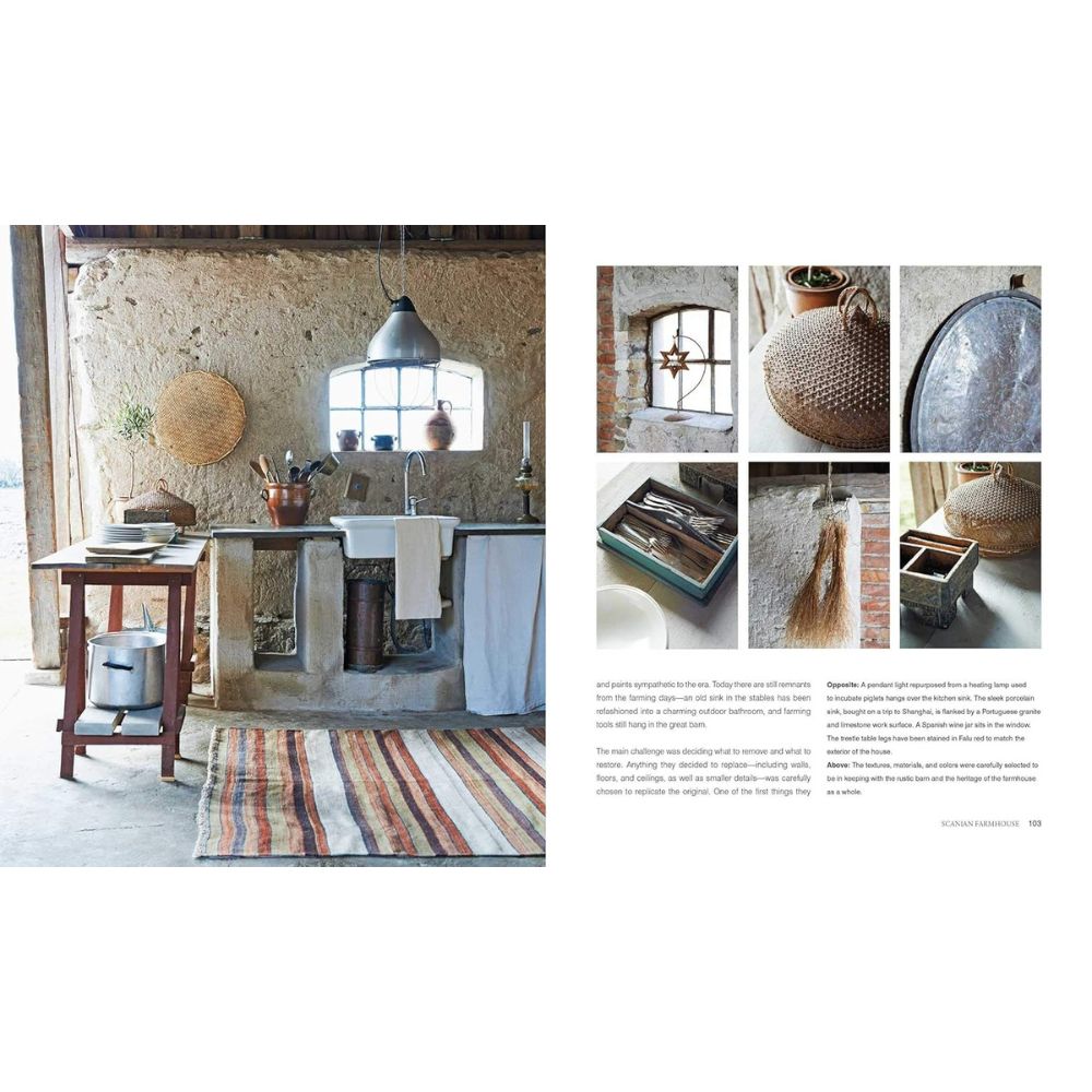 הספר עיצוב Relaxed Rustic מבית Fine Lab Home מציג השראה למטבח כפרי עם שטיח פסים, שולחן עץ, כיור, מדפים ותמונות תקריב של פריטי נוי וארגזי אחסון בהשראת עיצוב הבית.