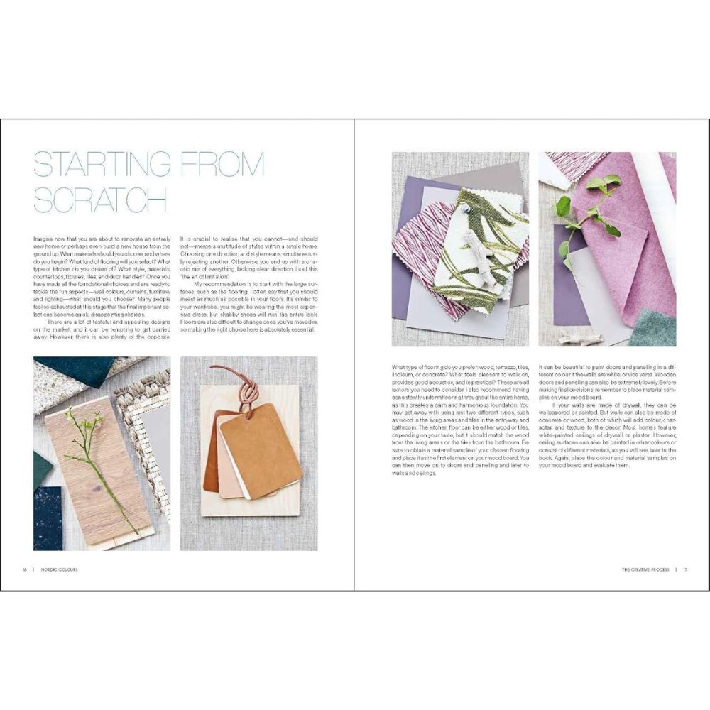 במגזין מופיע טקסט בצד שמאל ותמונות של נייר, בדים ודוגמאות בוטניות בשכבות בצד ימין, המעוצבות על רקע ניטרלי בהשראת צבעי ספר העיצוב הנורדיים של Fine Lab Home.