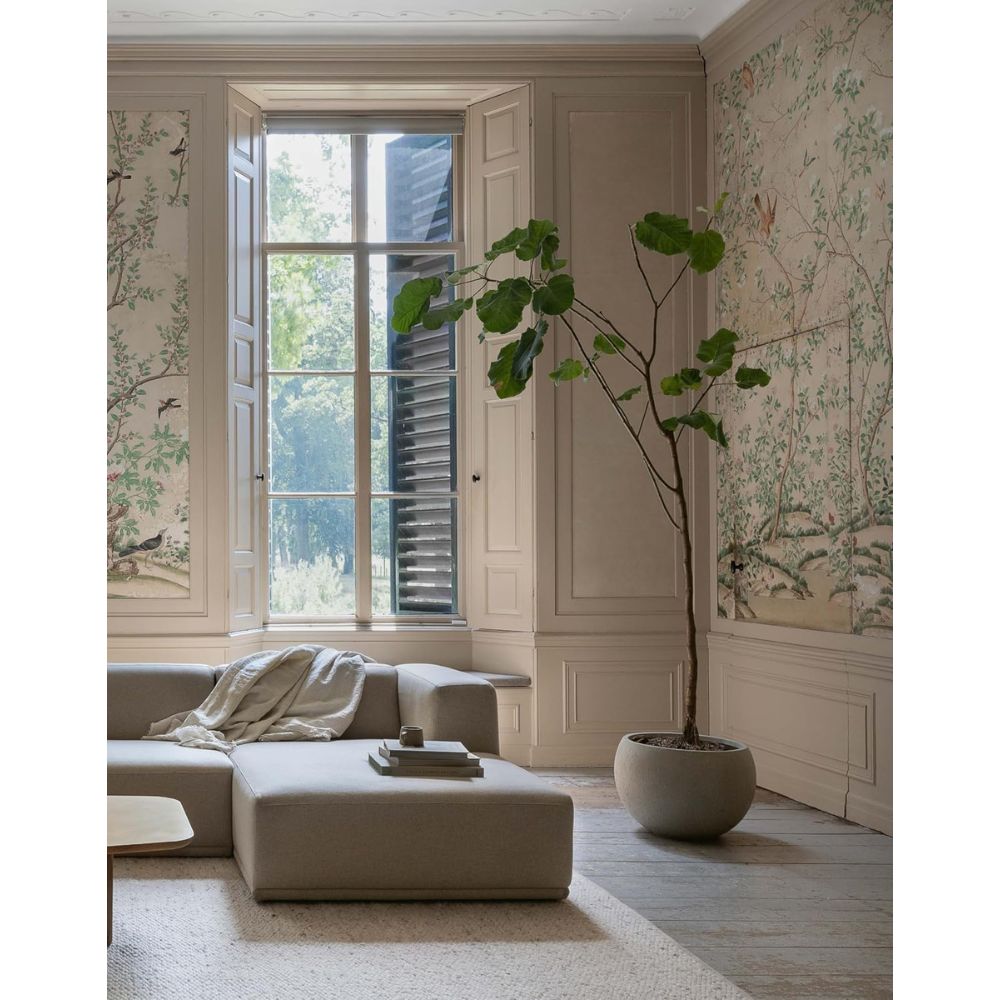 סלון מינימליסטי המעוצב בסגנון Japandi של Fine Lab Home כולל ספה ניטרלית, עציץ, חלון עם תריסים וטפט בהשראת הטבע, ליצירת עיצוב פנים Japandi רגוע ומסוגנן.