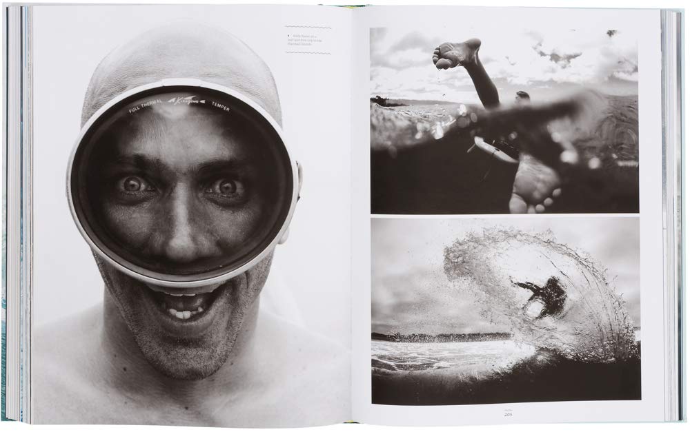 ספר עיצוב surf odyssey של Fine Lab Home מציג שלוש תמונות בשחור-לבן — גבר עם מסכת צלילה, שחיין וגולש — המבטאות את מהות תרבות הגלישה.