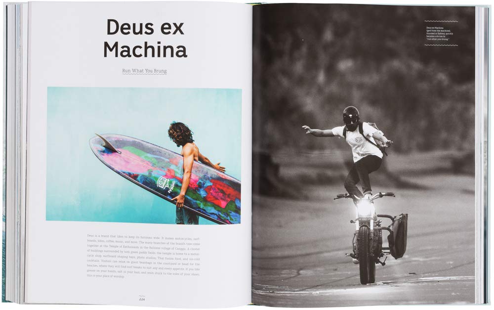 ספר העיצוב Surf Odyssey מבית Fine Lab Home מציג תמונה של גבר עם גלשן צבעוני לצד רוכב אופניים חשמליים ידיים פרושות, וממחיש את ההתרגשות של תרבות הגלישה.