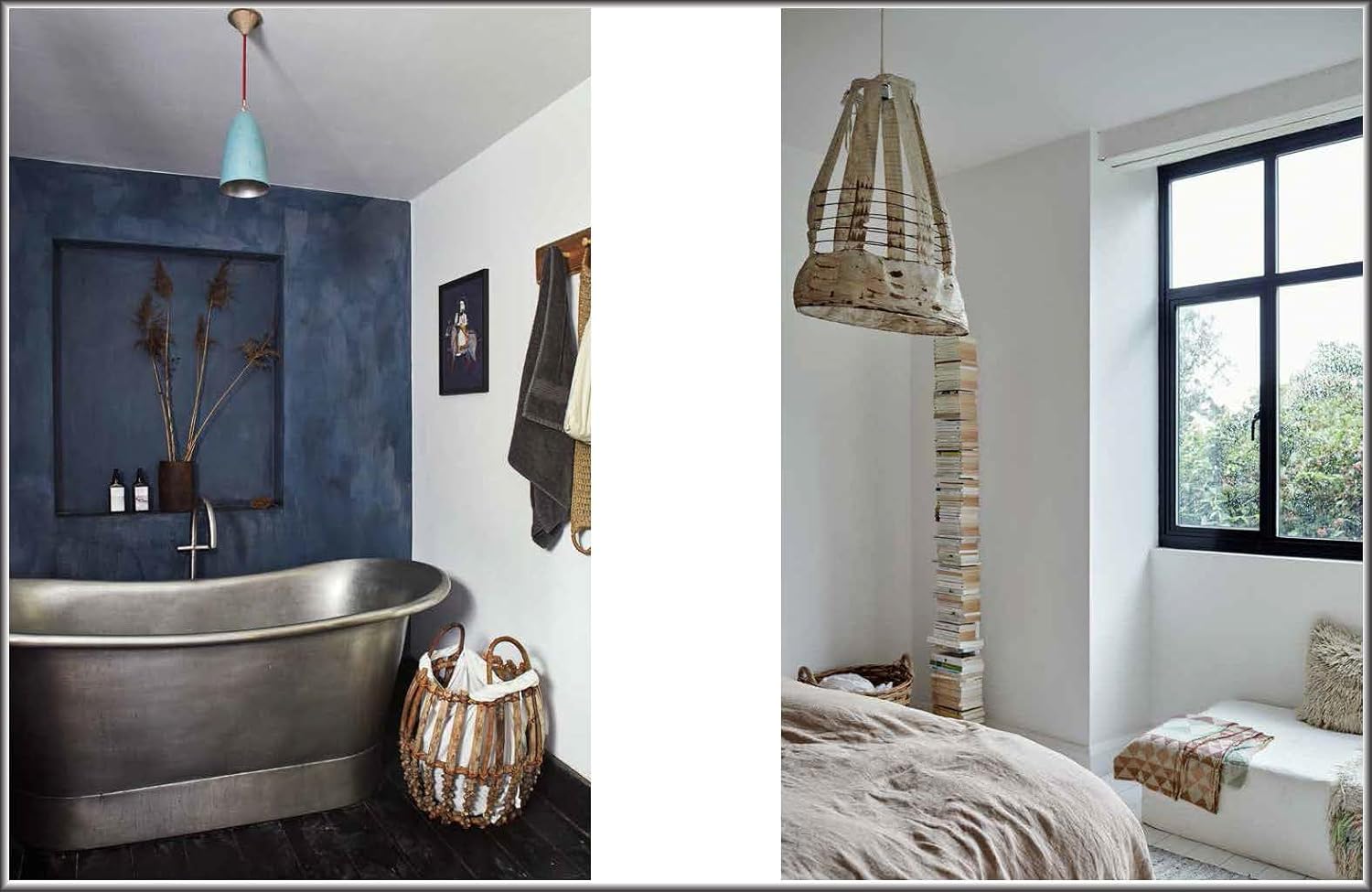 חדר שינה נעים עם קירות אבן לבנים ותקרת קורות עץ משופעת משקף את עיצוב רוסטיקלי, בהשראת ספר העיצוב Living in New Rustic Style של Fine Lab Home, ויוצר אווירה כפרית-מודרנית מקסימה.