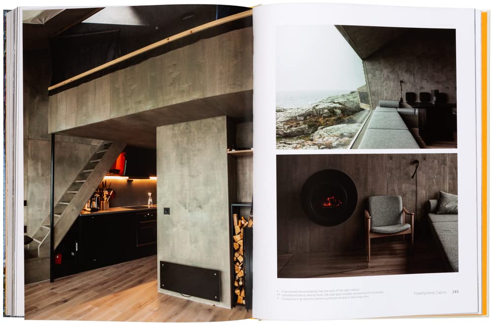 בקתה עץ מודרנית הניצבת על צוק מיוער משקיפה על הים. הכיתוב על הכריכה: "ספר עיצוב cabin fever" מאת Fine Lab Home — חובה לכל חובבי הבקתות המחפשים בקתות, צריפים ומקומות מסתור קסומים.