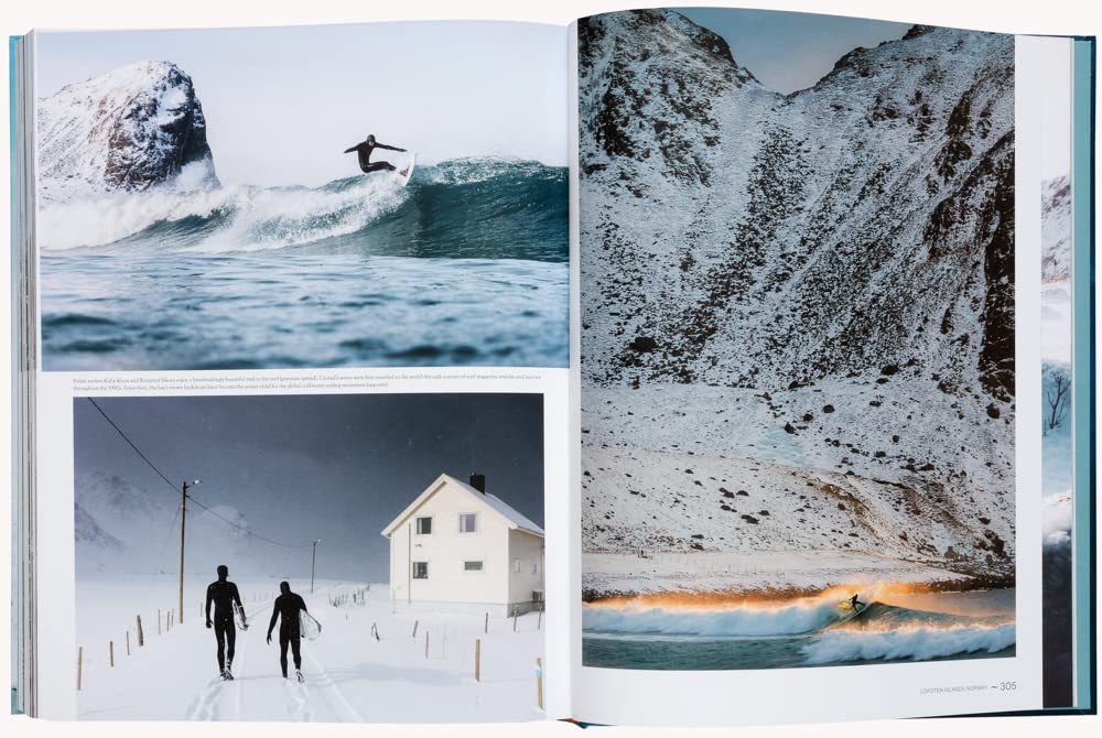 ספר עיצוב the surf atlas מבית Fine Lab Home: תמונות גלישה בהם גולש על גל, שני אנשים הולכים בשלג, וגולש נוסף ליד הרים מושלגים.