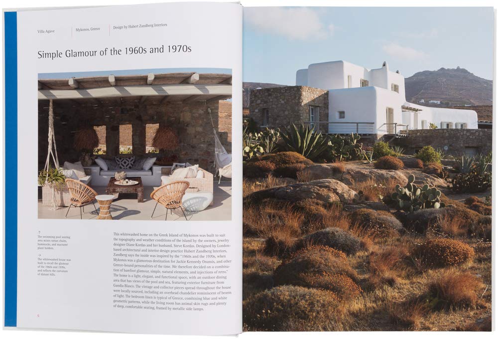 דף מתוך הספר "עיצוב ים תיכוני חדש" מאת Fine Lab Home מציג פטיו מוצל עם ריהוט קש לצד וילה לבנה על קרקע סלעית, המשקף עיצוב ים תיכוני ומינימליזם חמים.