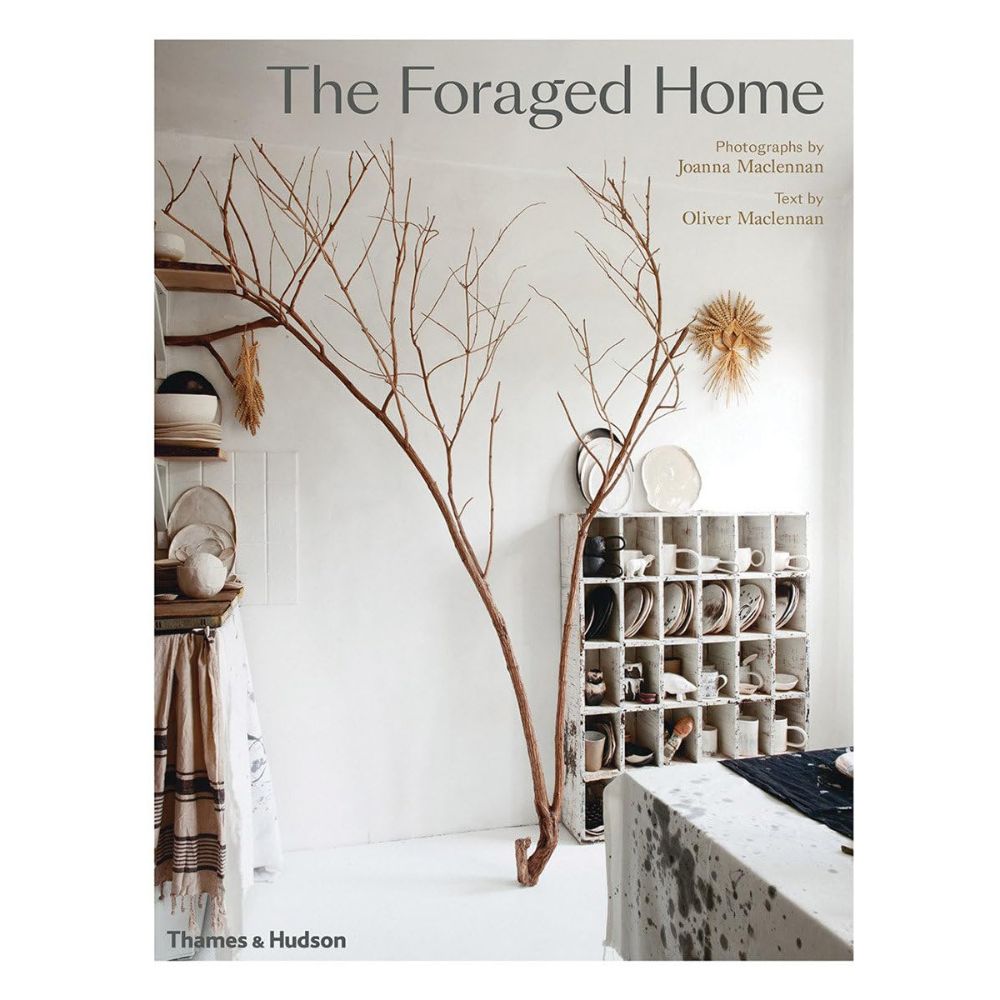 ספר העיצוב של Fine Lab Home, "The Foraged Home", מציג עיצוב פנים מינימליסטי עם ענף גדול וחשוף, כלי קרמיקה, מדפים ערוכים בגוונים ניטרליים ואלמנטים עיצוביים בני-קיימא המשתמשים בפריטים ממוחזרים.