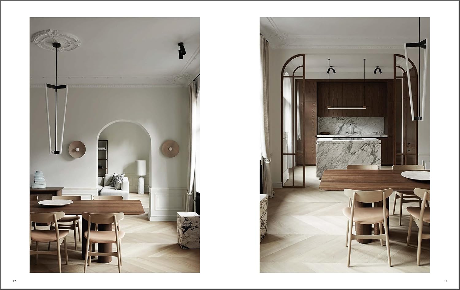 סלון ופינת אוכל בגוונים ניטרליים עם ריהוט מודרני, שולחן עץ וכסאות בצבע בז' – דוגמה מתוך ספר עיצוב להבנת אלגנטיות מאת Fine Lab Home, המופיעה תחת הכותרת "אלגנטיות מאופקת: חיים עירוניים חדשים".