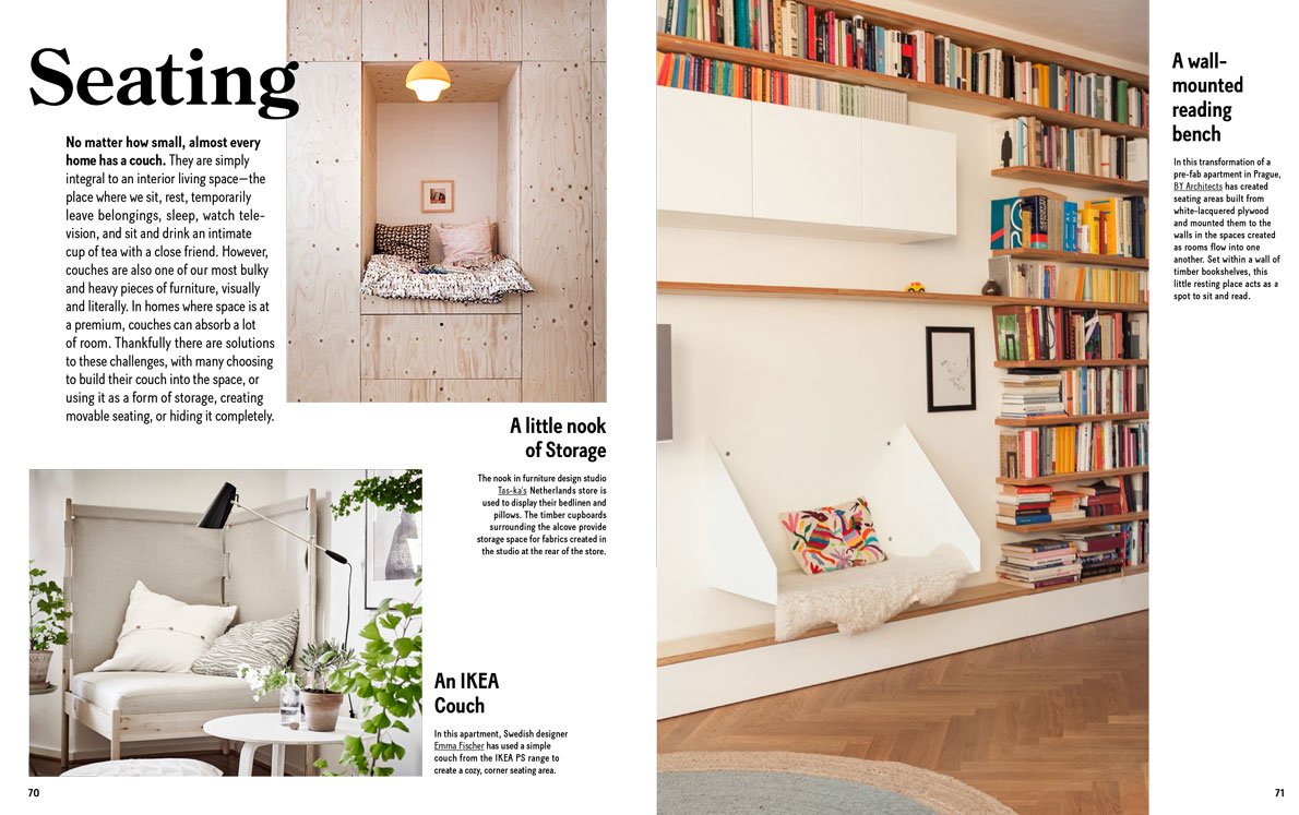 The Fine Lab Home ספר עיצוב small homes grand living מספק השראה עם רעיונות לישיבה נוחה — פינת קריאה, ספה של IKEA, פינת כריות מפנקות — כולם אידיאליים לחללים קטנים ומוקפים במדפי ספרים ובעיצוב ניטרלי.