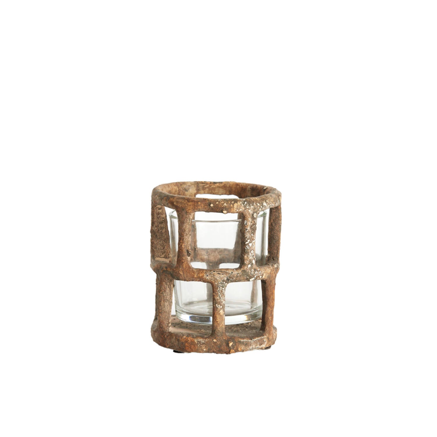 מעמד לנר טי־לייט בגוון חום עתיק עם מבנה גאומטרי וטקסטורה מחוספסת