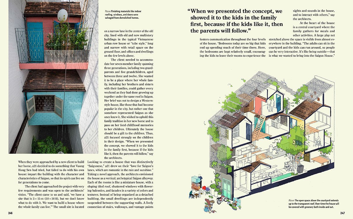 כתבה בת שני עמודים במגזין Fine Lab Home's ספר עיצוב small homes grand living מציגה אחסון חכם ועיצוב פנים לחללים קטנים, עם חזית הכוללת מרפסות, צמחים וחתך של בית רב קומתי תוסס.