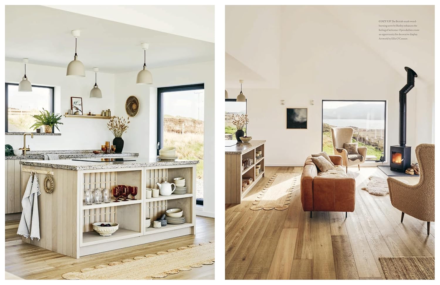 עטיפת הספר "עיצוב קוקון" של Fine Lab Home מציגה סלון נעים עם עיצוב ניטרלי, תמונות ממוסגרות וחלונות גדולים המדגישים את היופי הטבעי.