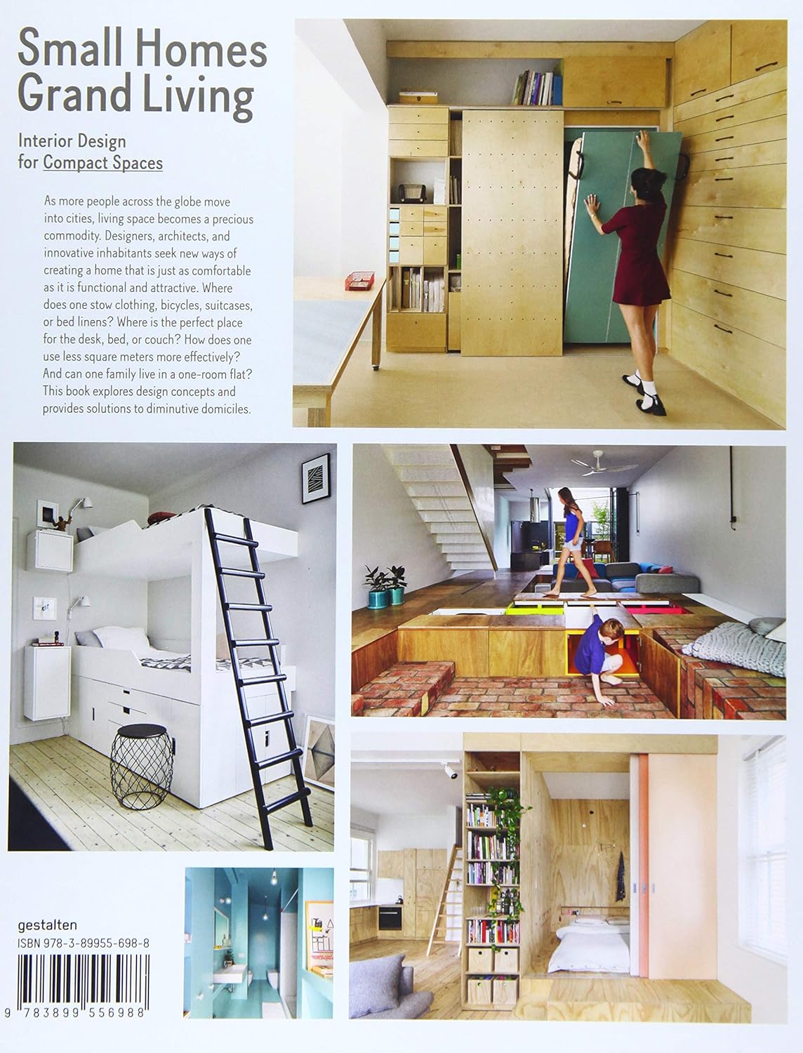 קולאז' של חללים קטנים ומסוגננים עם עיצוב פנים יצירתי, ריהוט חכם, מיטות קומותיים ופתרונות אחסון, בהשראת ספר העיצוב "small homes grand living" של Fine Lab Home, לדירות קטנות וניצול חלל מרבי.