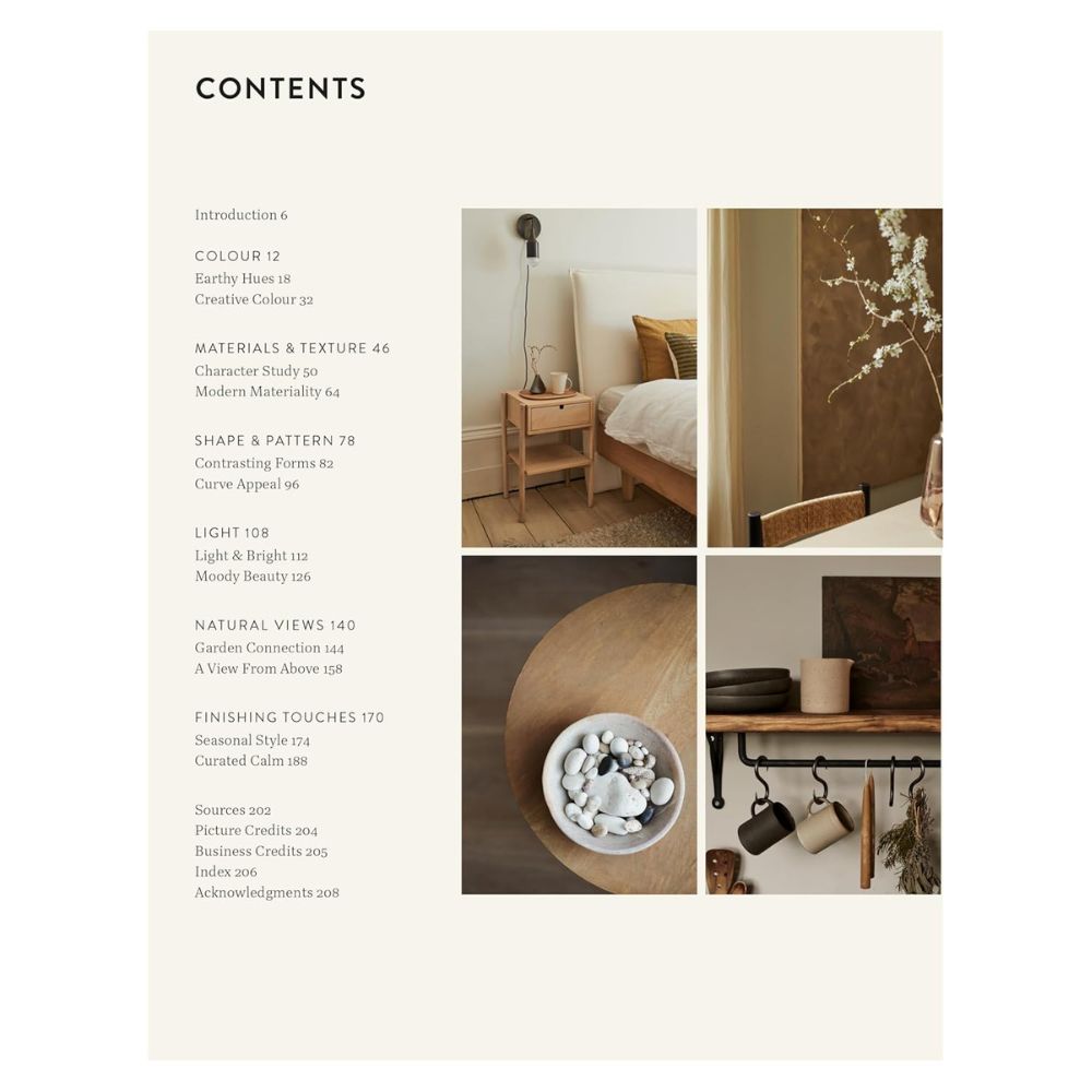 בעמוד התוכן של הספר "Bring the Outside In" בהוצאת Fine Lab Home מופיעים רשימת הפרקים בצד שמאל וארבע תמונות בצד ימין, שכל אחת מהן ממחישה עיצוב ביופילי עם עיצוב מרגיע: חדר שינה, פרחים, אבנים ווים למטבח בהשראת הטבע.