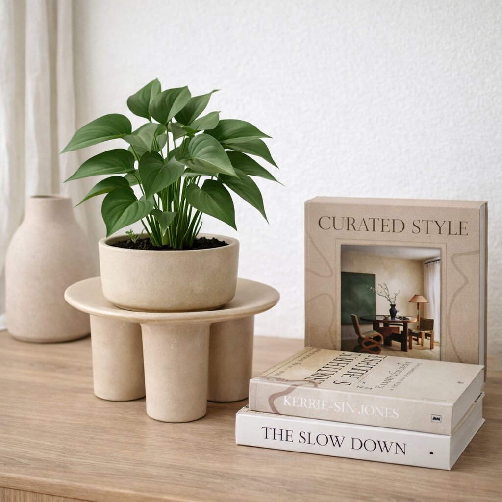 The Fine Lab Home מעמד לעציץ- שני גדלים בגוון אבן מחזיק עציץ לצד אגרטל וספרים על עץ, עם ספר נוסף עומד מאחור לעיצוב מודרני.