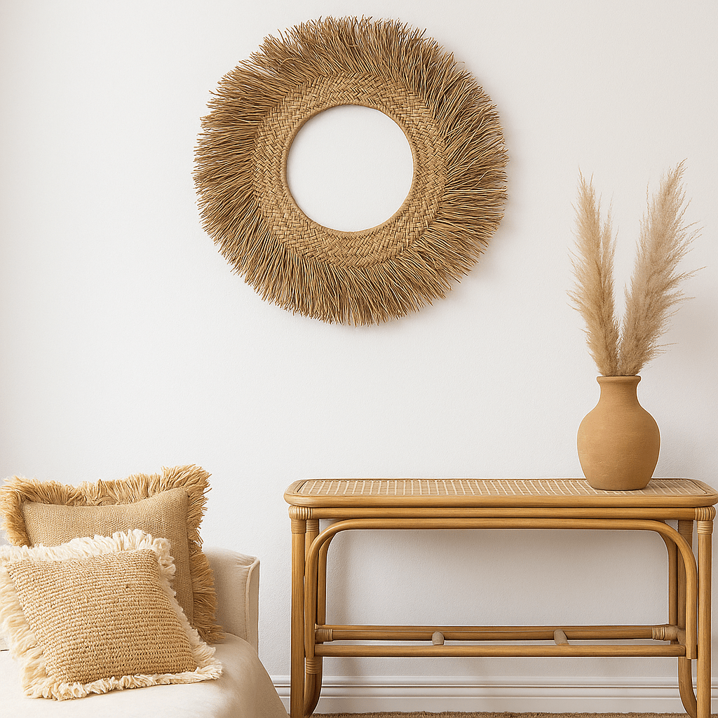 ספה בצבע בז' עם כריות מרקמות ניצבת ליד קונסולה מקש וואזה מעשב פמפס, מתחת לקישוט קיר עגול - קש טבעי מבית Fine Lab Home, ומוסיפה קסם לחדר המינימליסטי.