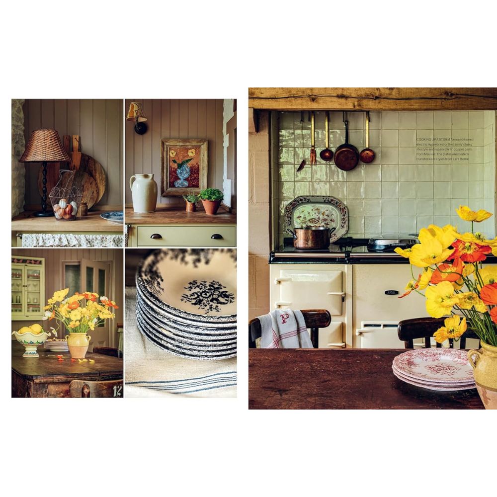מטבח כפרי המעוצב בסגנון Fine Lab Home — תנור אריחים, שולחן עץ, צלחות מעוטרות, ביצים, עציצים ואגרטלים עם פרחים צהובים וכתומים. מחבתות נחושת תלויות על הקיר. גלו עוד בספר העיצוב Create: At Home with Old & New.