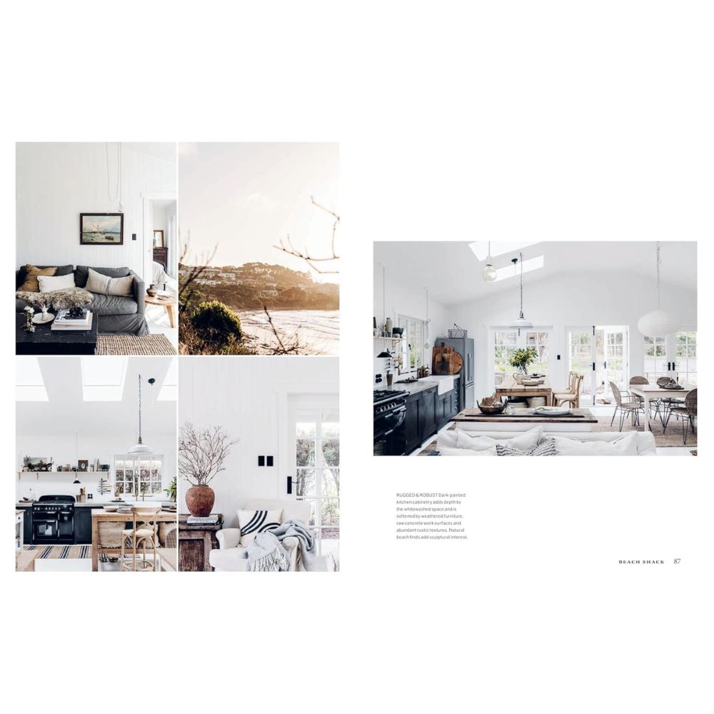 מטבח כפרי המעוצב בסגנון Fine Lab Home — תנור אריחים, שולחן עץ, צלחות מעוטרות, ביצים, עציצים ואגרטלים עם פרחים צהובים וכתומים. מחבתות נחושת תלויות על הקיר. גלו עוד בספר העיצוב Create: At Home with Old & New.