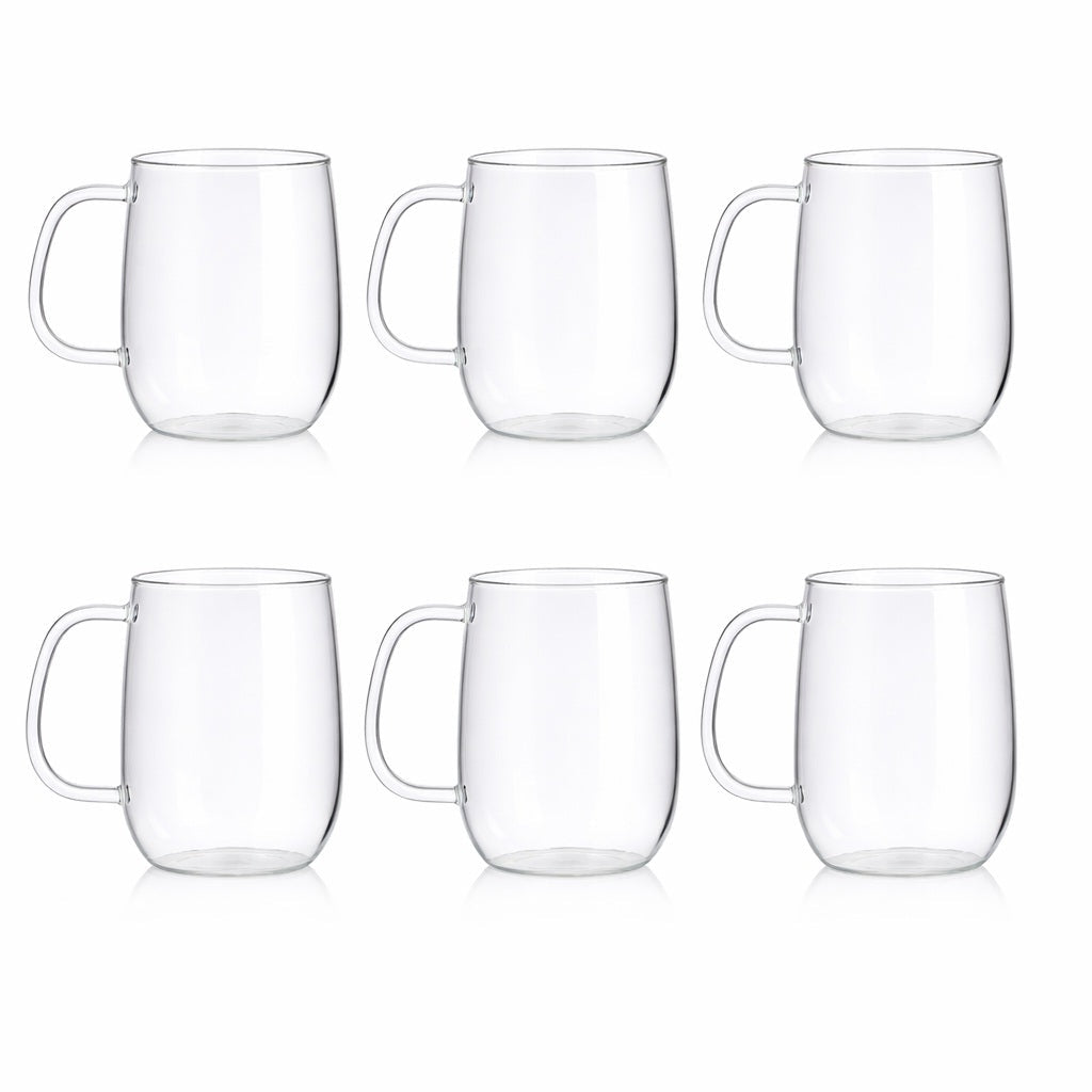 שישה ספלי זכוכית עם ידית בנפח 550 מ"ל, סט מבית Fine Lab Home, מוצגים בשתי שורות על רקע לבן – מתאימים למשקאות חמים וקרים.