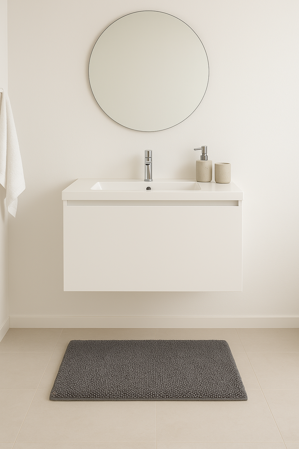 שטיח אמבטיה אפור כהה - 100% כותנה מ-Fine Lab Home מונח על רקע לבן.
