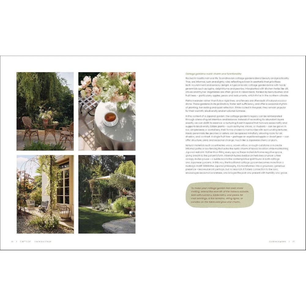 דף כפול במגזין מתוך הספר "Japandi Outdoor Living" של Fine Lab Home מציג ארבע תמונות של פינות ישיבה בחוץ ובלוק טקסט עם ציטוט, המספקים השראה לעיצוב ולעיצוב חוץ בסגנון ג'פנדי לאואזיס בגינה שלכם.