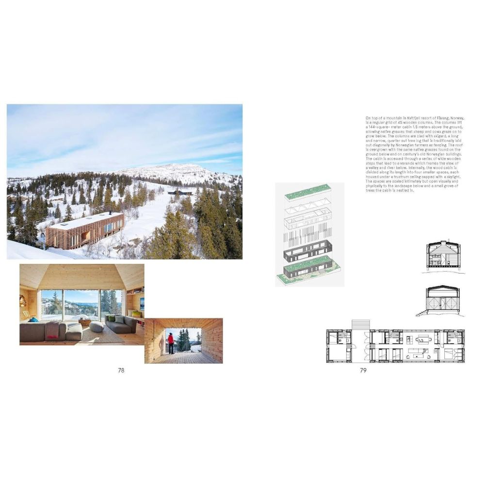 דף כפול מתוך הספר "Living Nordic" בהוצאת Fine Lab Home, המציג את החזית החיצונית של בקתה הררית מושלגת, תצוגות פנים בסגנון סקנדינבי, תרשימים אדריכליים מפורטים ותוכניות קומה המוצגות על רקע לבן בוהק.