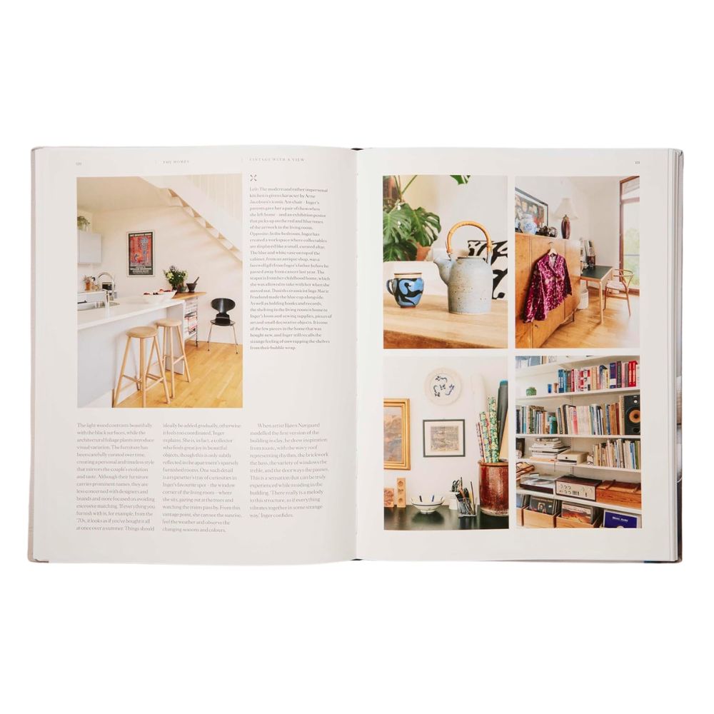 הספר "The Vintage Way" מבית Fine Lab Home מציג מצד אחד מטבח וחלל מגורים, ומצד שני תמונות של עיצוב פנים בסגנון סקנדינבי עם נגיעות וינטג' מקסימות לבית, כגון מדפים, כלי קרמיקה ותמונות ממוסגרות.