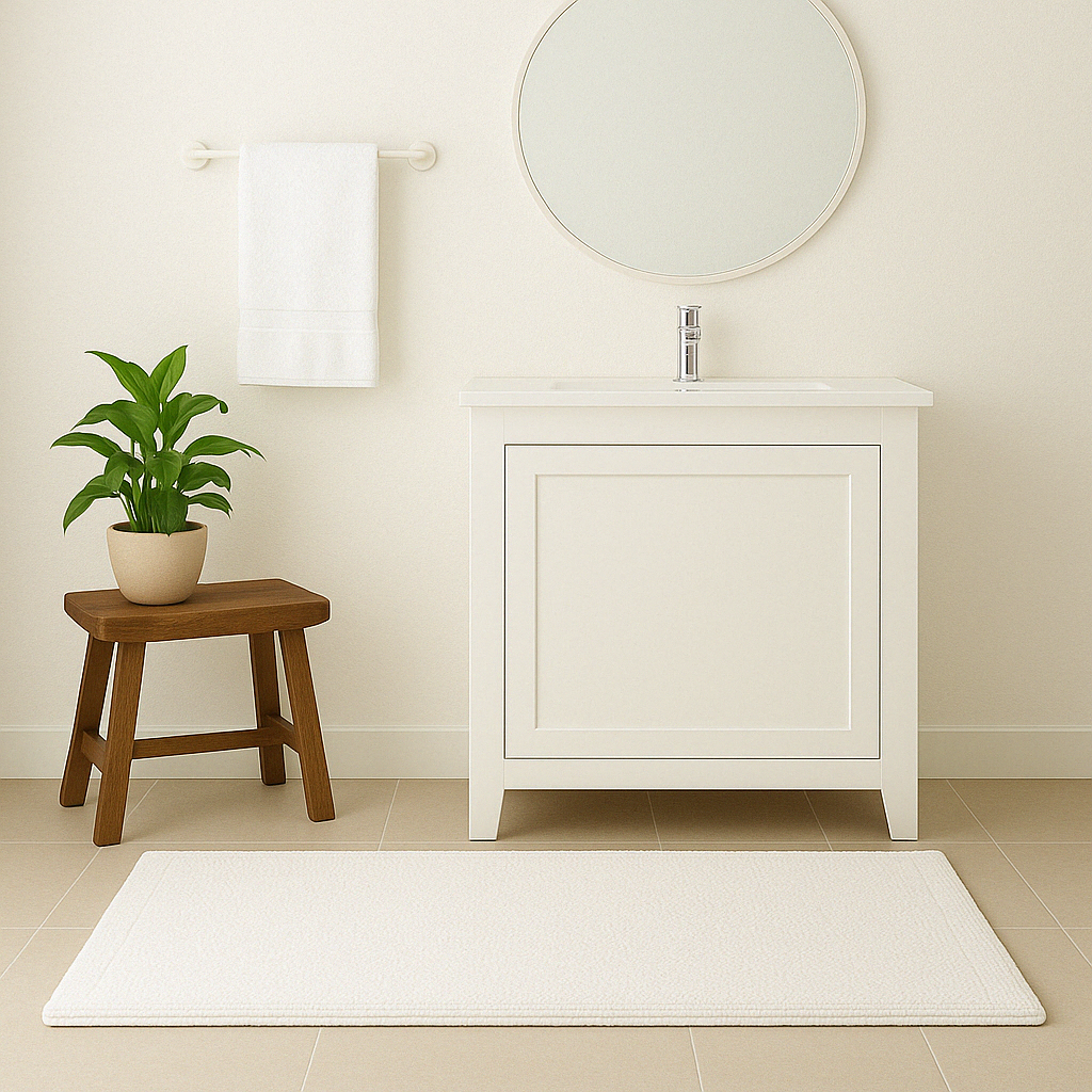 שטיח אמבטיה לבן - 100% כותנה מבית Fine Lab Home מונח שטוח על רקע לבן.