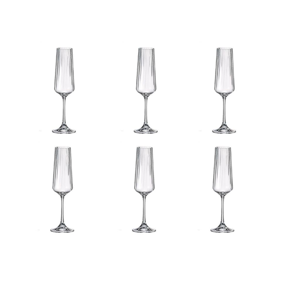 סט של שש כוסות שמפניה של Fine Lab Home - 160 מ“ל, בעיצוב אלגנטי להגשת יין מבעבע, מסודרות בשתי שורות אחידות על רקע לבן.