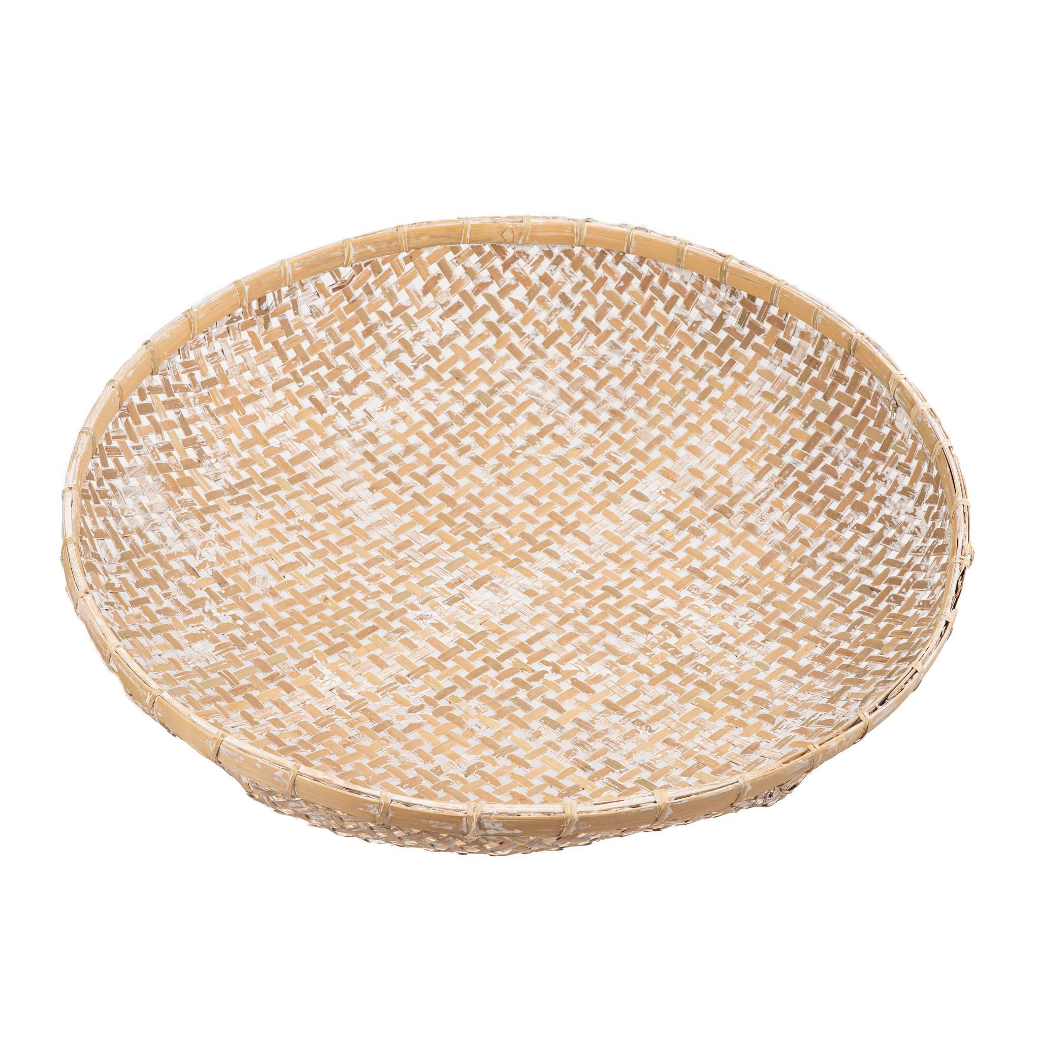 המגש קש מולבן של Fine Lab Home הוא סלסלת במבוק עגולה ושטוחה עם גימור טבעי ואריגה צפופה בצורת שתי וערב — אידיאלי כמגש קש דקורטיבי לכל חלל.