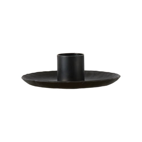 פמוט מתכת שטוח שחור־מושחר, עגול ונמוך, בעיצוב תעשייתי מינימליסטי