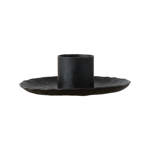 פמוט מתכת שטוח שחור־מושחר, עגול, בעיצוב תעשייתי מינימליסטי